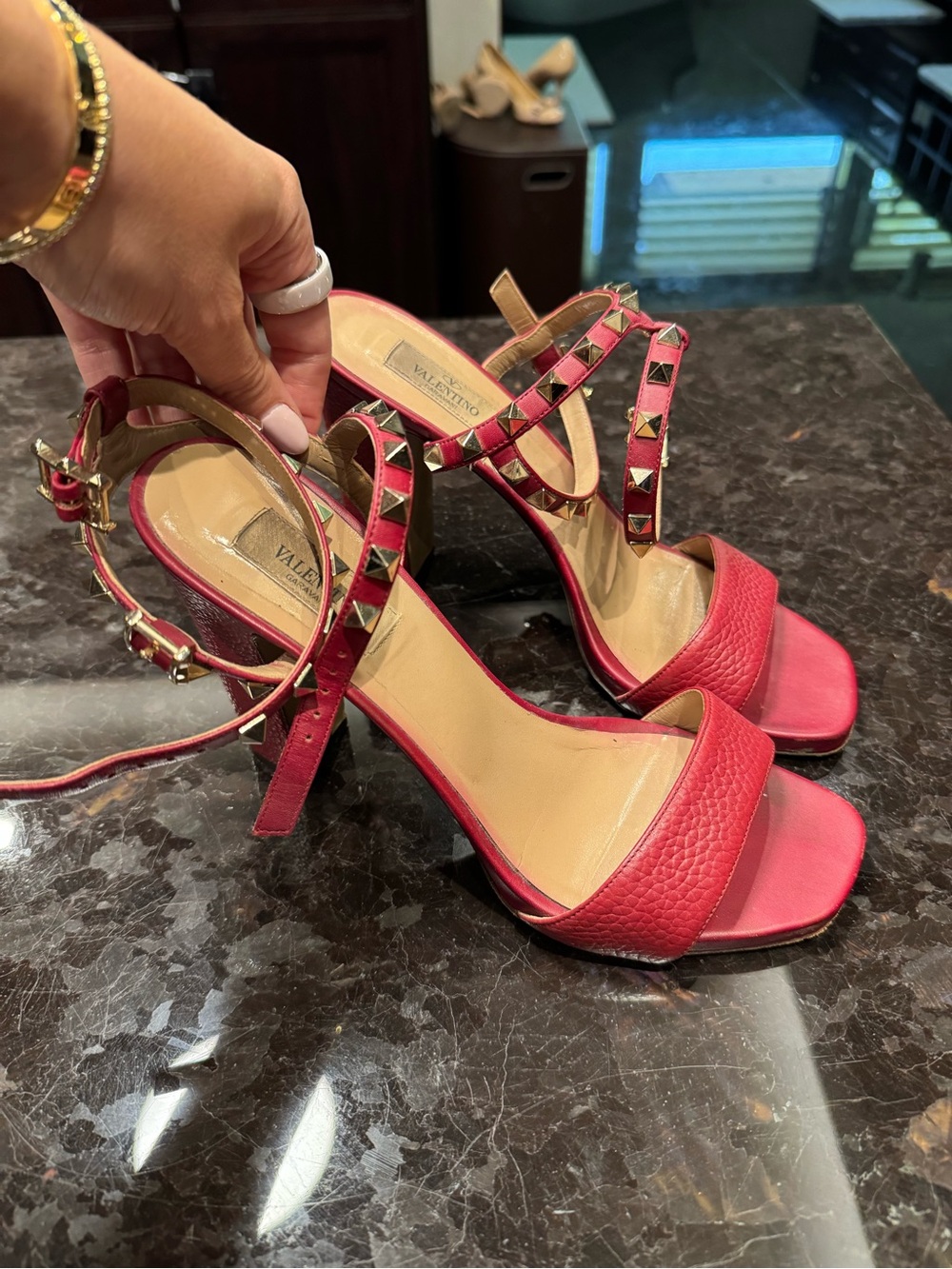 Valentino Garavani Red Leather Rockstud Block Heel Sandals - Picture 3 of 4